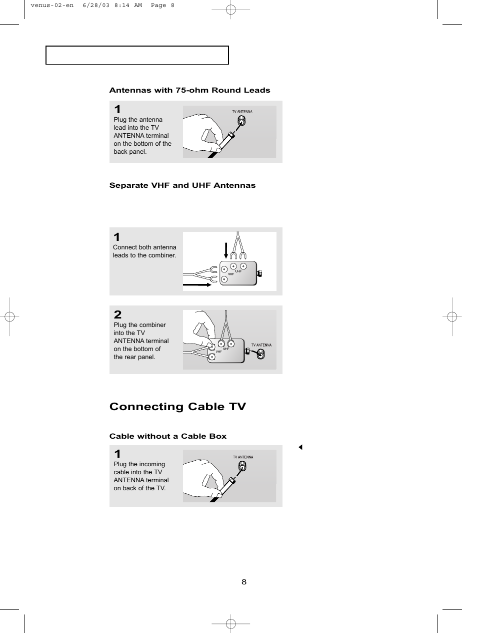 Antennas with 75-ohm round leads, Separate vhf and uhf antennas, Connecting cable tv | Cable without a cable box | Samsung LTN406WX-XAC User Manual | Page 18 / 84