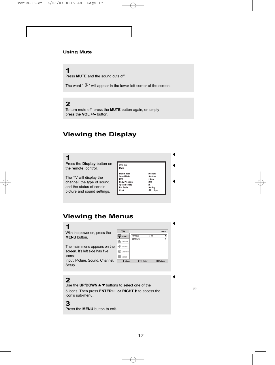 Using mute, Viewing the display, Viewing the menus | Samsung LTN406WX-XAC User Manual | Page 27 / 84