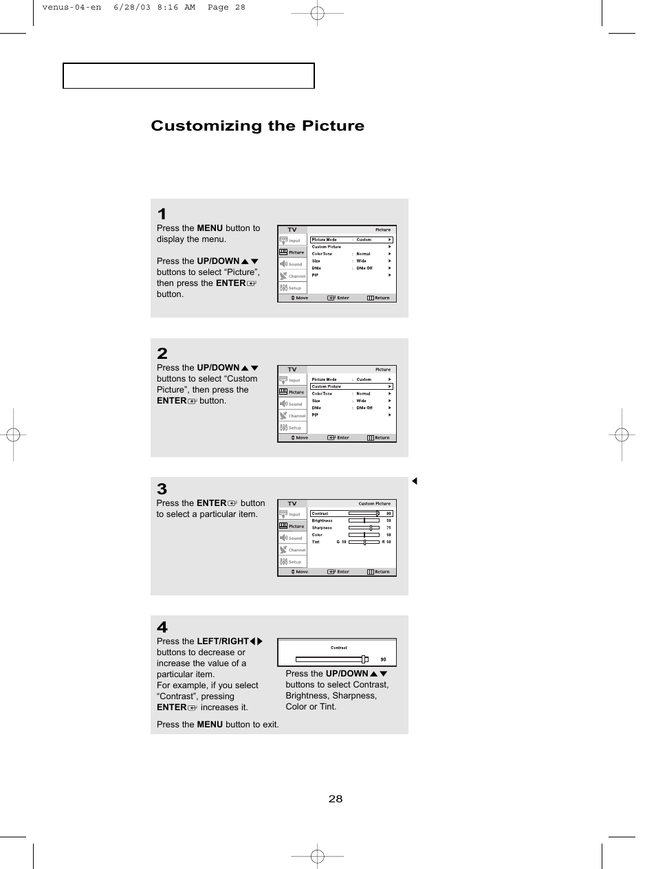Customizing the picture | Samsung LTN406WX-XAC User Manual | Page 38 / 84