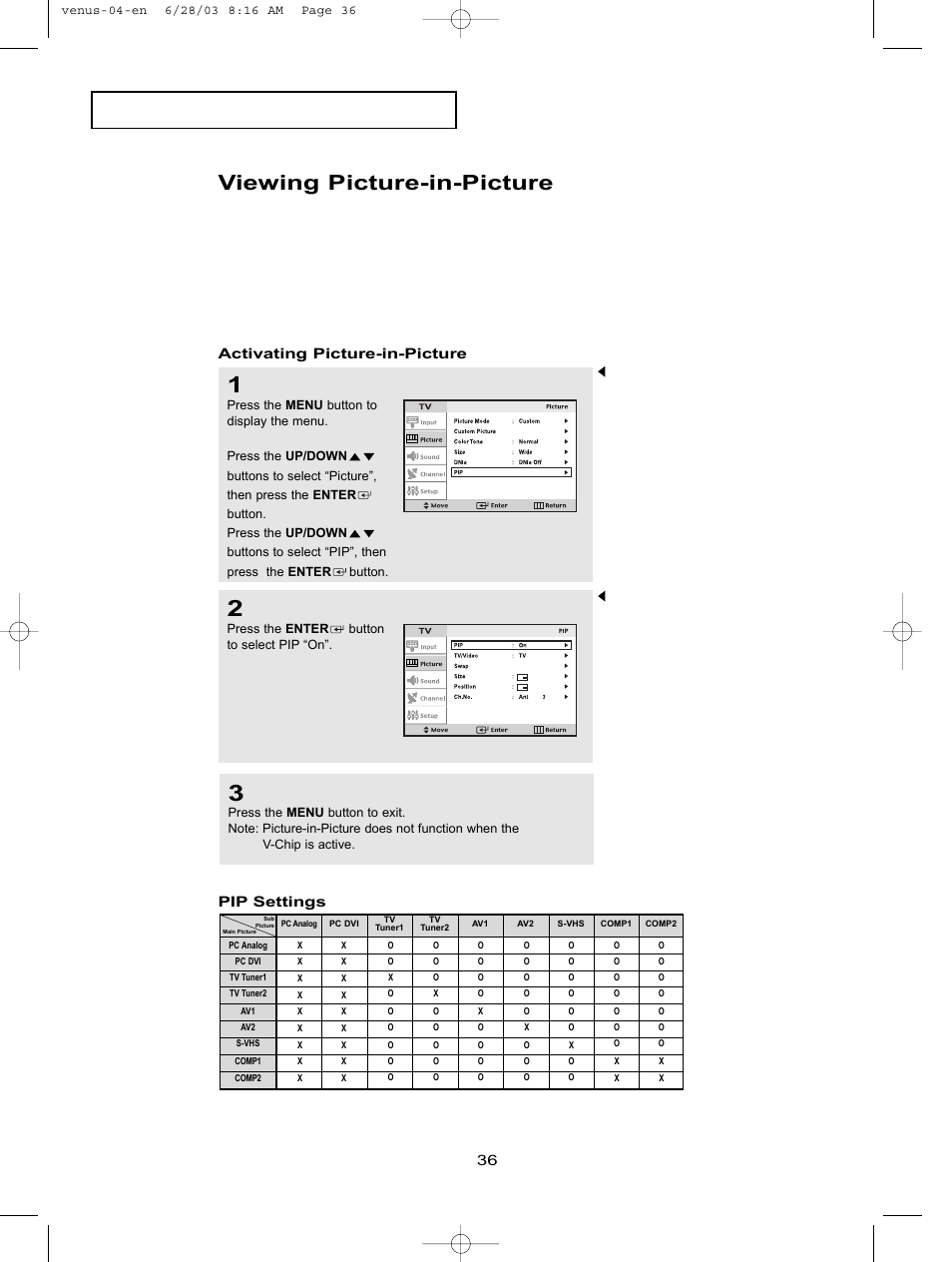 Viewing picture-in-picture, Activating picture-in-picture, P e r at i o n | Activating picture-in-picture pip settings | Samsung LTN406WX-XAC User Manual | Page 46 / 84