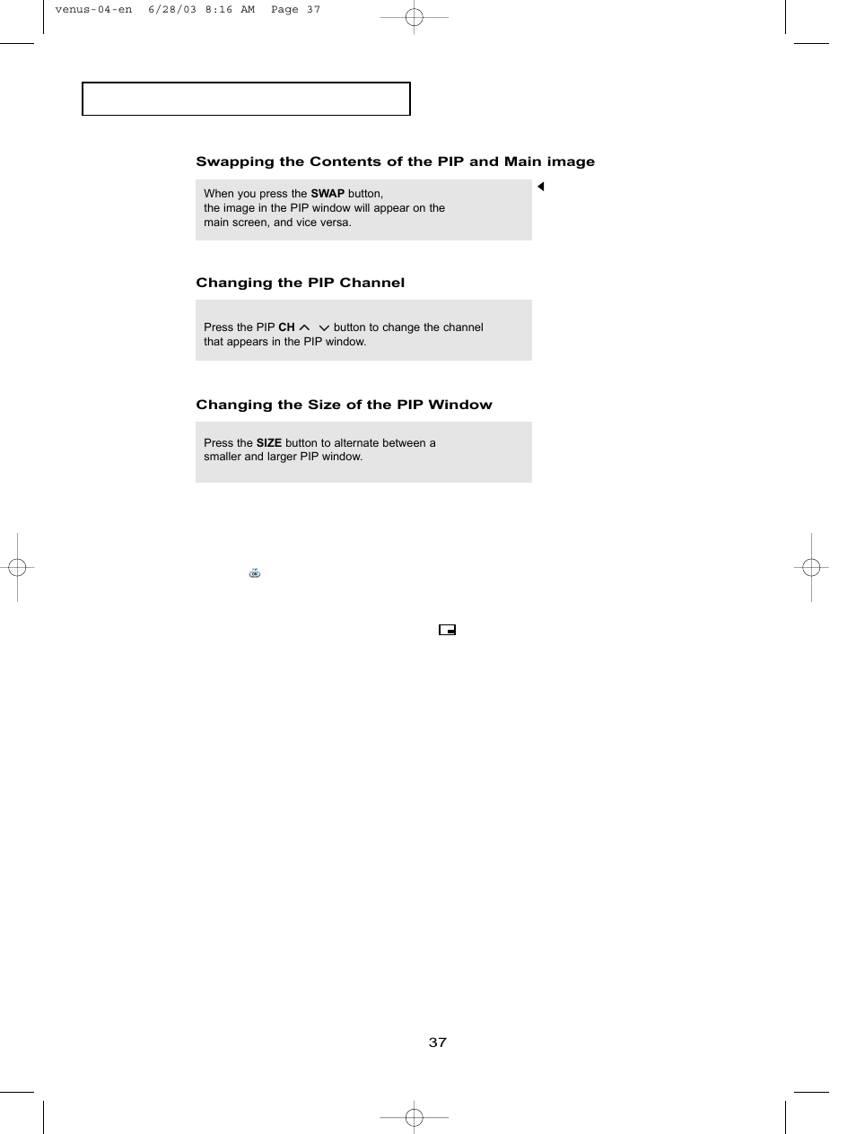 Swapping the contents of the pip and main image, Changing the pip channel, Changing the size of the pip window | Samsung LTN406WX-XAC User Manual | Page 47 / 84