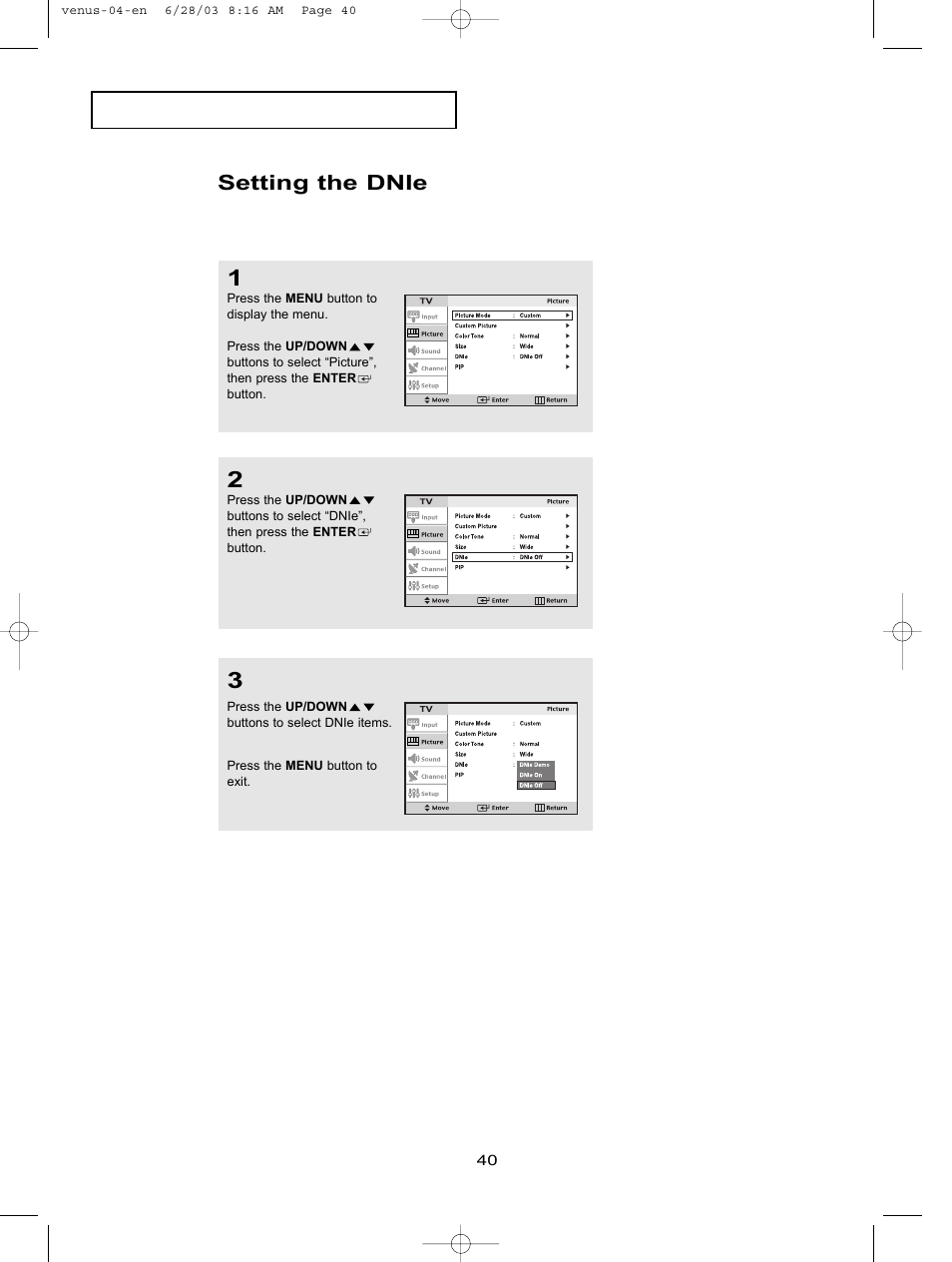 Setting the dnie | Samsung LTN406WX-XAC User Manual | Page 50 / 84