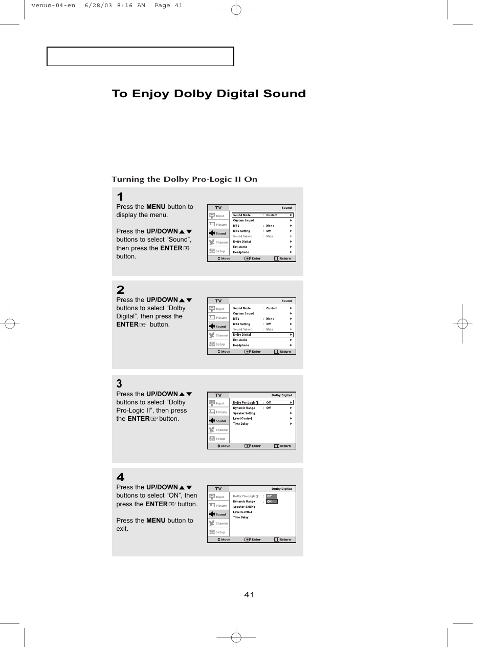 To enjoy dolby digital sound, Turning the dolby pro-logic ii on | Samsung LTN406WX-XAC User Manual | Page 51 / 84