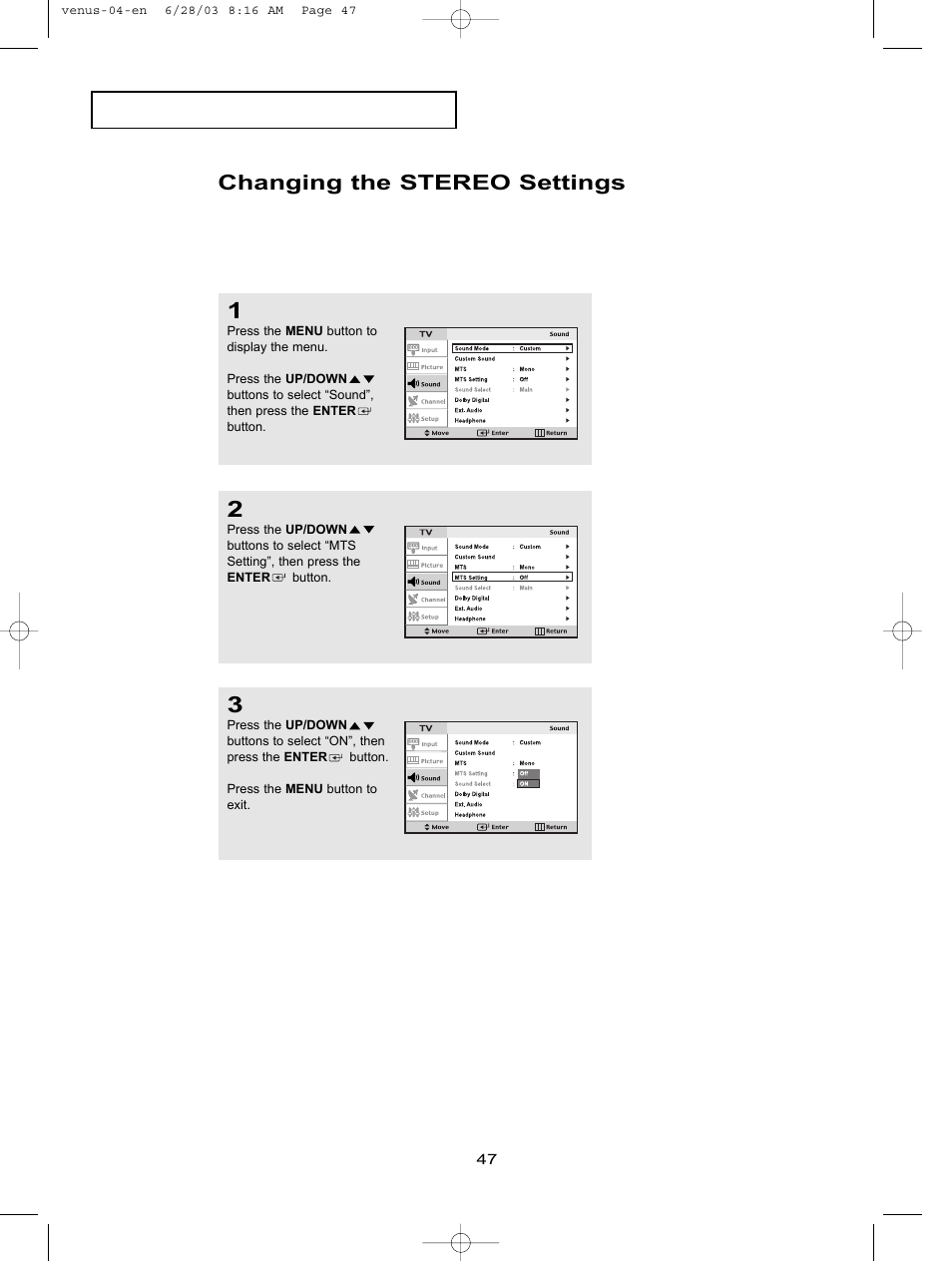 Changing the stereo settings | Samsung LTN406WX-XAC User Manual | Page 57 / 84