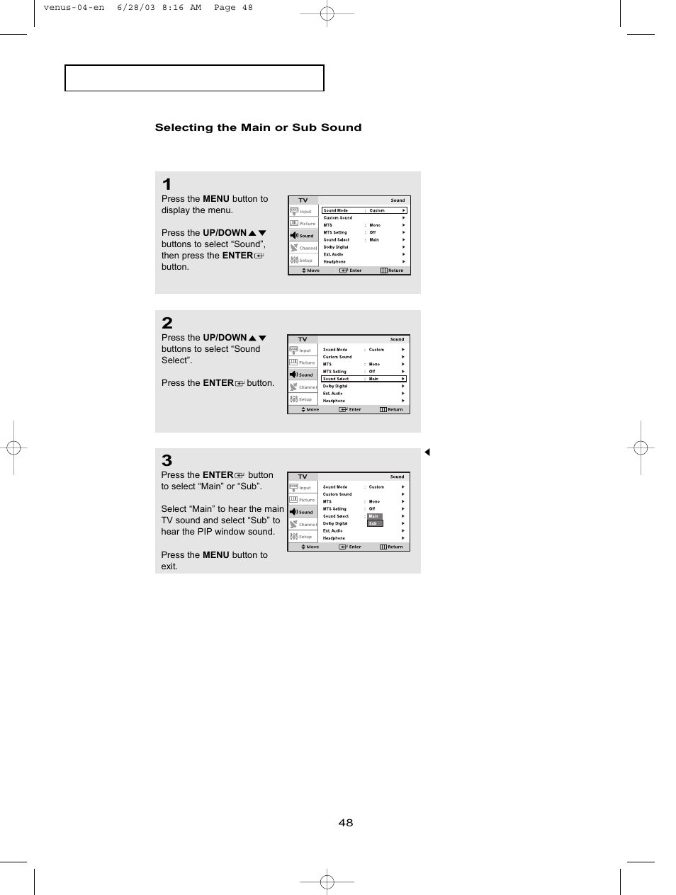 Selecting the main or sub sound | Samsung LTN406WX-XAC User Manual | Page 58 / 84