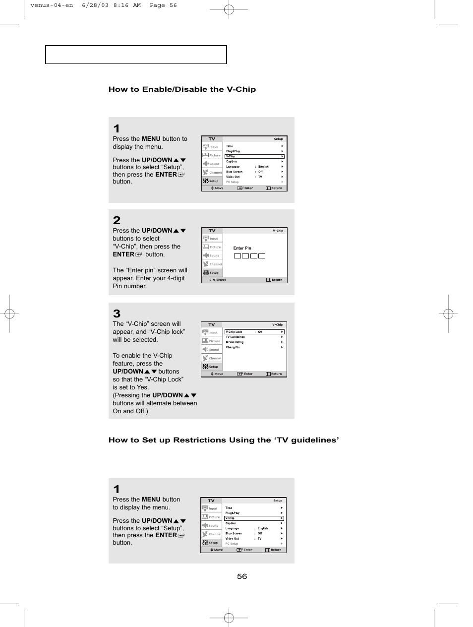 How to enable/disable the v-chip | Samsung LTN406WX-XAC User Manual | Page 66 / 84