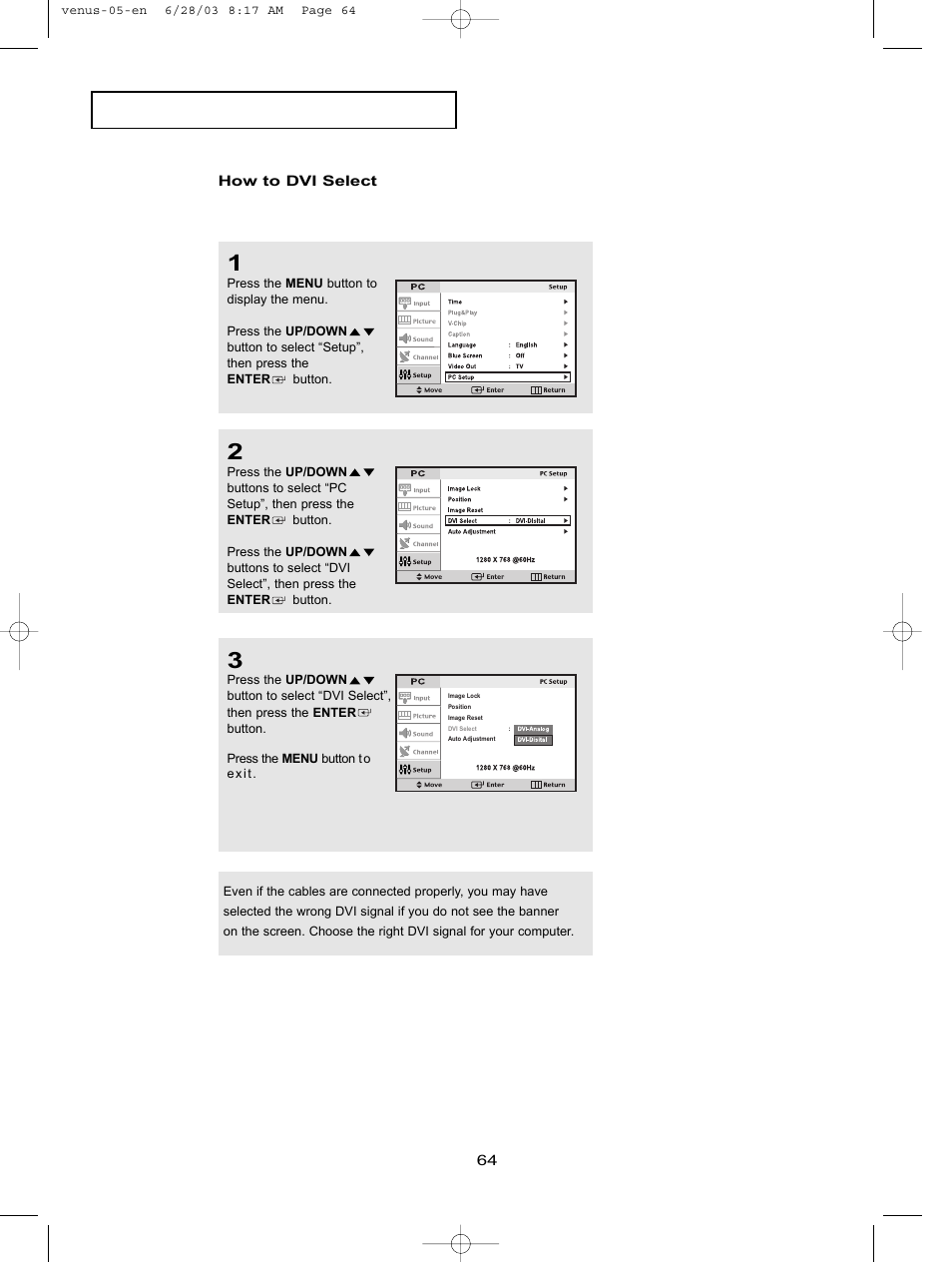How to dvi select, P c d, Choose the right dvi signal for your computer | Samsung LTN406WX-XAC User Manual | Page 74 / 84