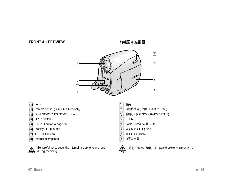 前视图 & 左视图, Front & left view | Samsung SC-D382-XAA User Manual | Page 11 / 111