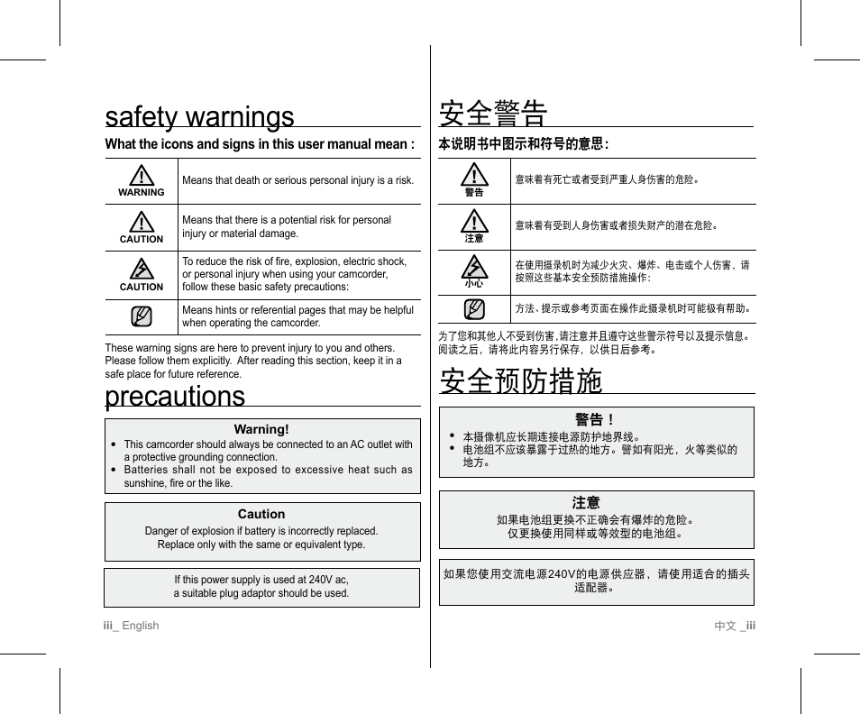 安全警告, 安全预防措施, Safety warnings | Precautions | Samsung SC-D382-XAA User Manual | Page 3 / 111