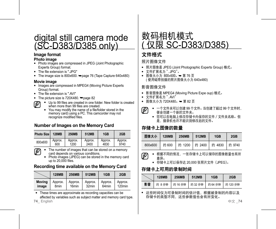 数码相机模式 ( 仅限, 文件格式 | Samsung SC-D382-XAA User Manual | Page 78 / 111