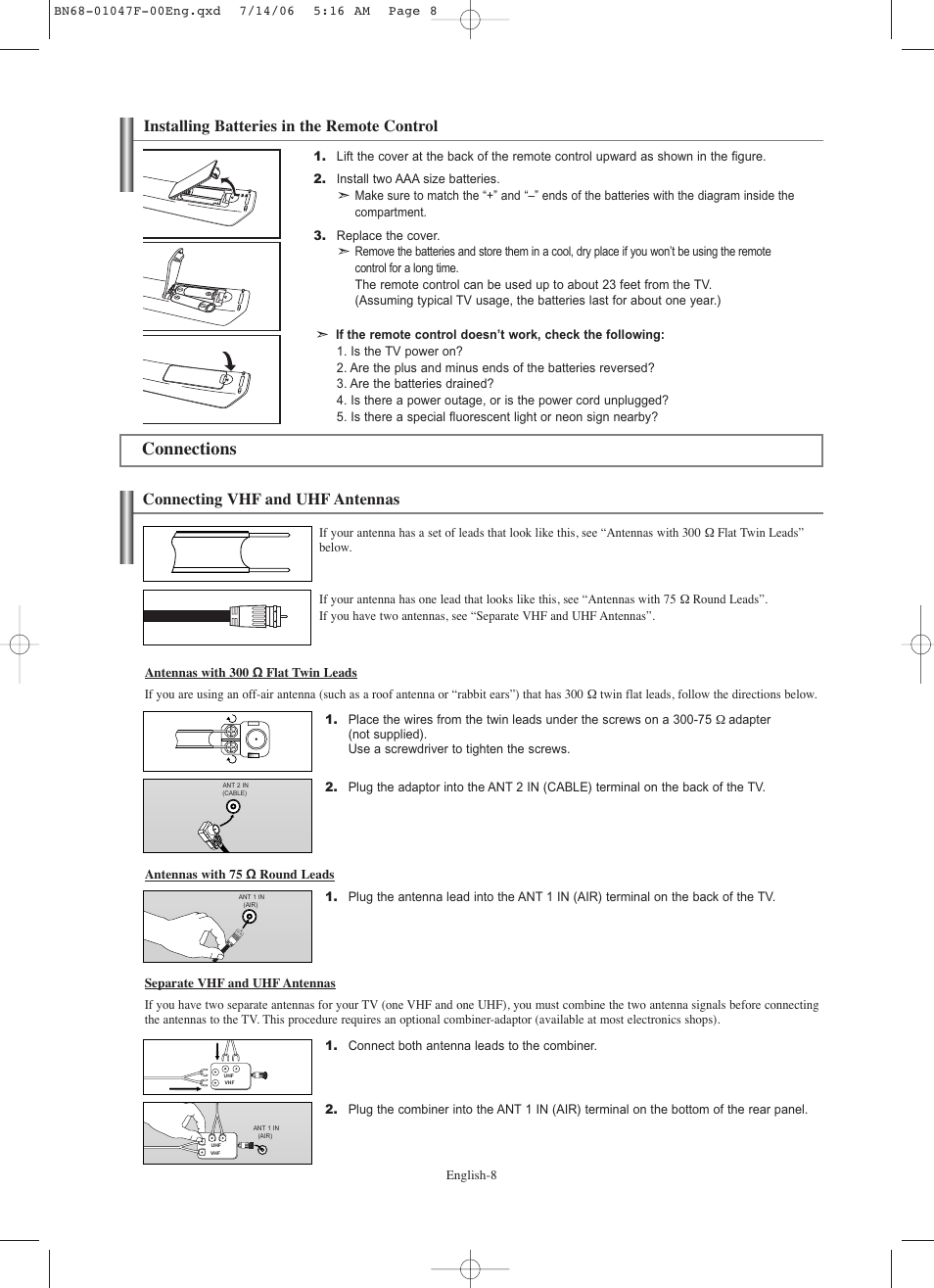 Installing batteries in the remote control, Connections, Connecting vhf and uhf antennas | Samsung LNS4696DX-XAA User Manual | Page 10 / 380