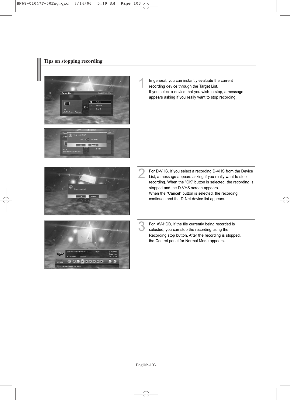 Tips on stopping recording | Samsung LNS4696DX-XAA User Manual | Page 105 / 380