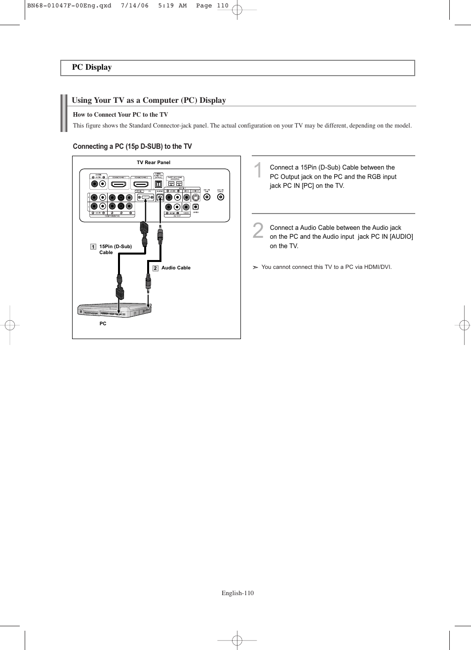 Pc display, Using your tv as a computer (pc) display | Samsung LNS4696DX-XAA User Manual | Page 112 / 380