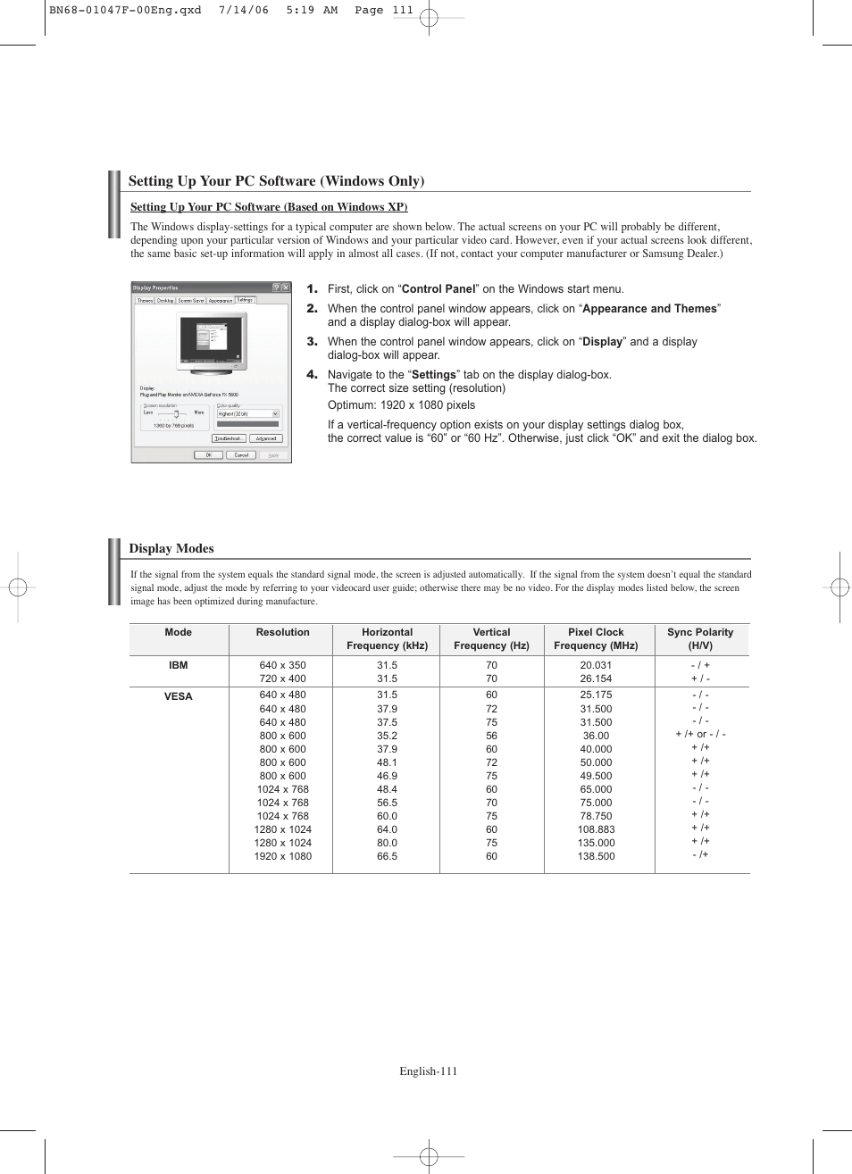 Setting up your pc software (windows only), Display modes | Samsung LNS4696DX-XAA User Manual | Page 113 / 380