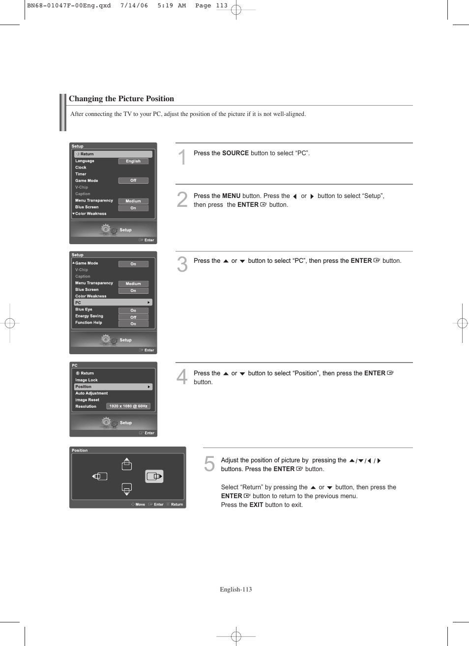 Changing the picture position | Samsung LNS4696DX-XAA User Manual | Page 115 / 380