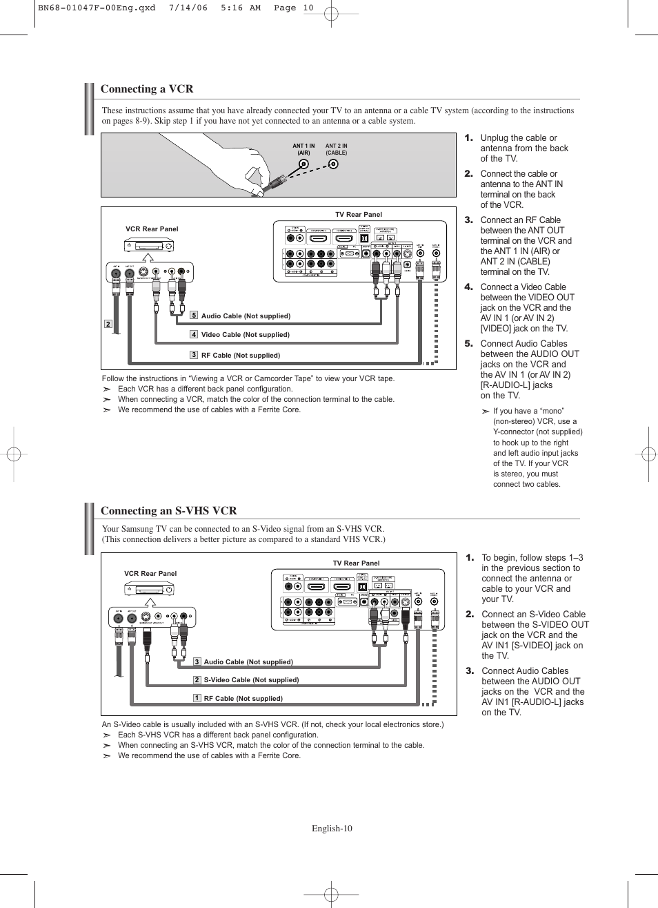 Connecting a vcr, Connecting an s-vhs vcr | Samsung LNS4696DX-XAA User Manual | Page 12 / 380