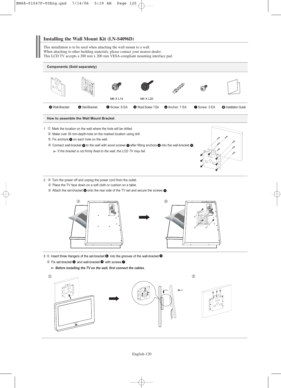 Installing the wall mount kit (ln-s4096d) | Samsung LNS4696DX-XAA User Manual | Page 122 / 380