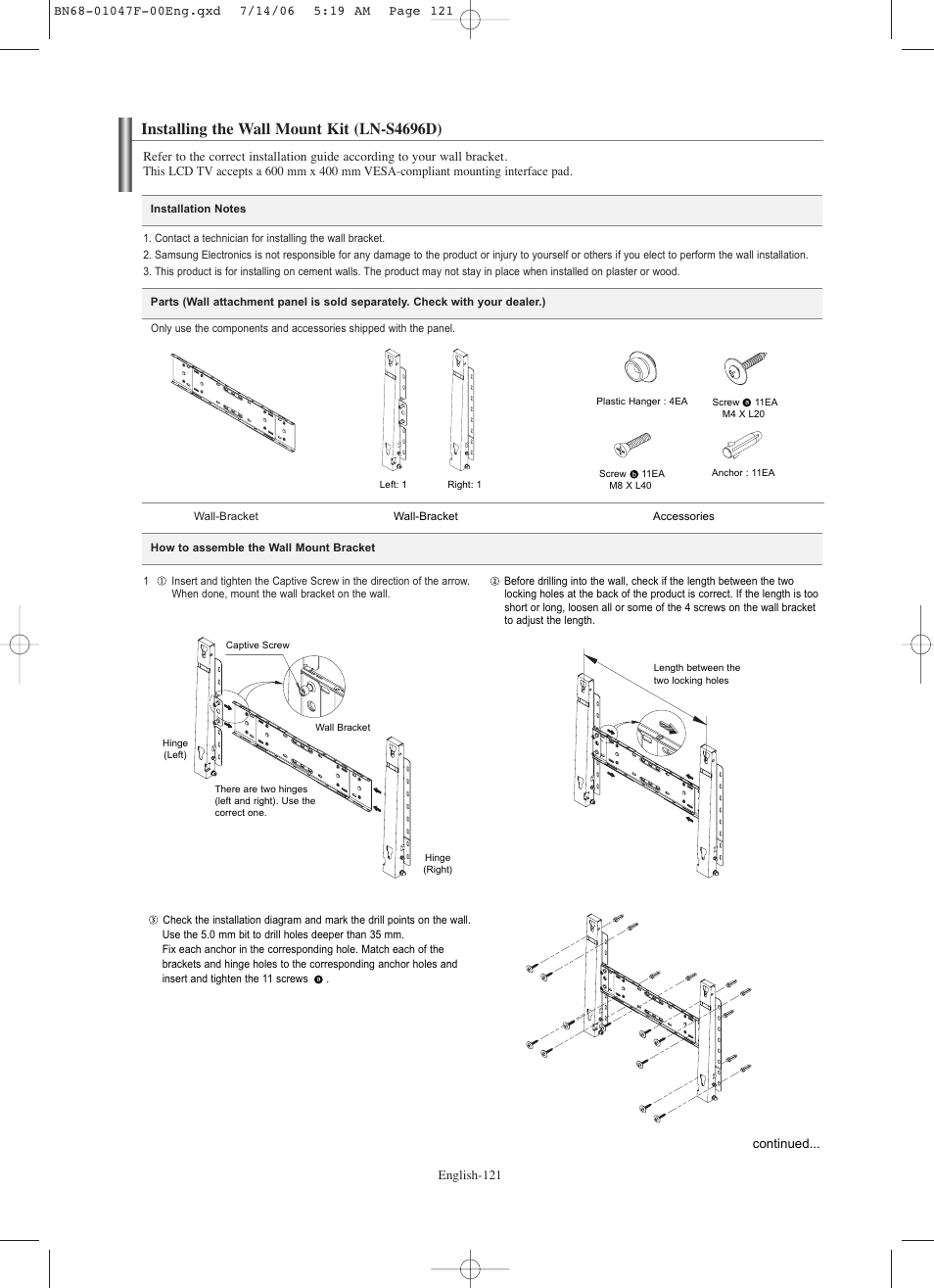 Installing the wall mount kit (ln-s4696d) | Samsung LNS4696DX-XAA User Manual | Page 123 / 380