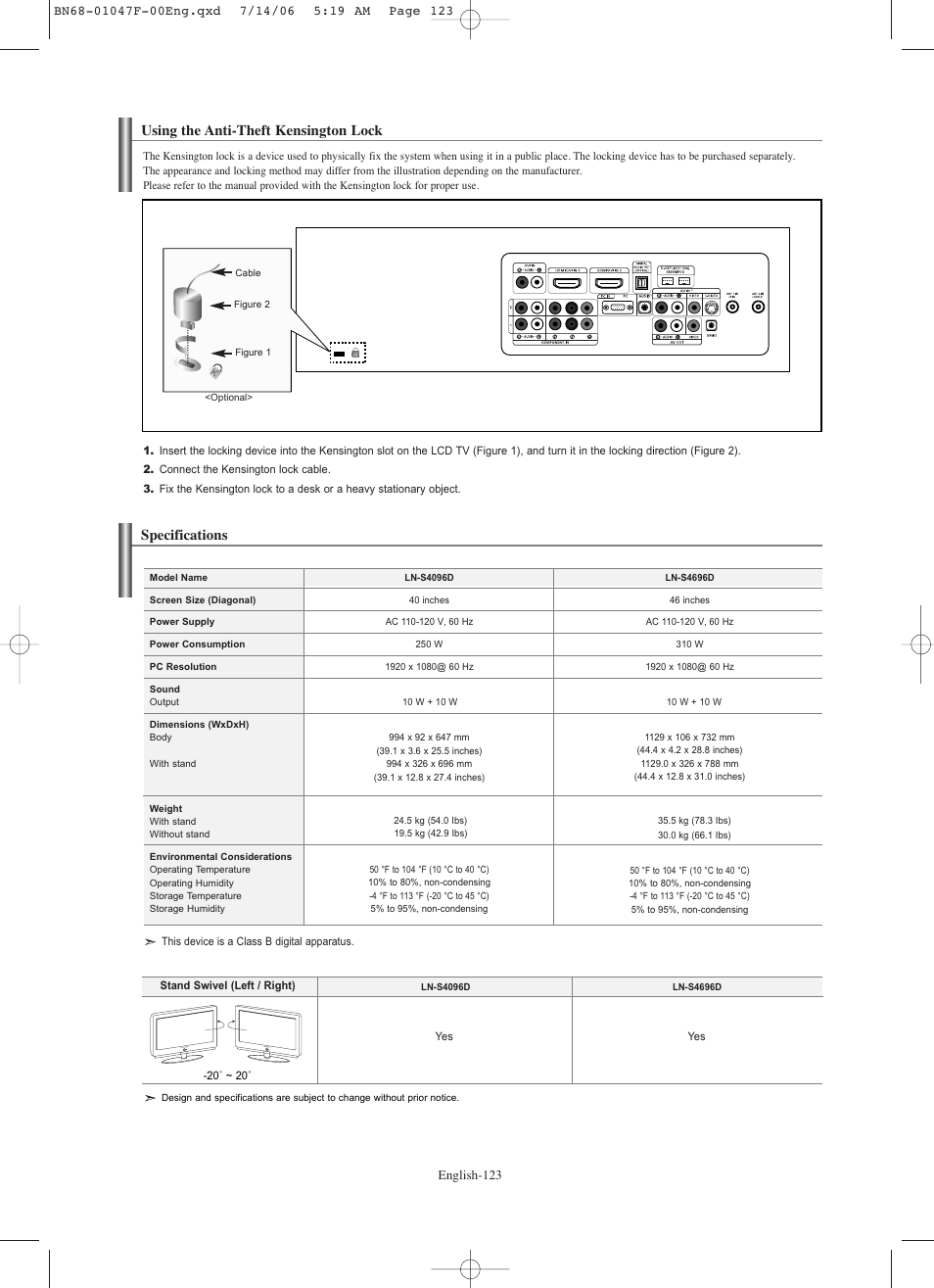 Using the anti-theft kensington lock, Specifications | Samsung LNS4696DX-XAA User Manual | Page 125 / 380