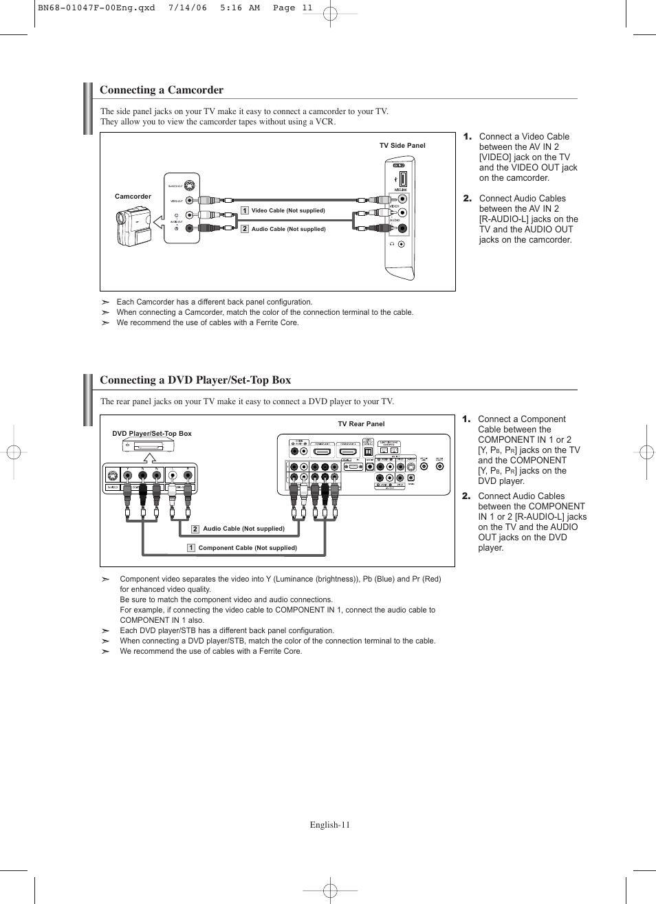 Connecting a camcorder, Connecting a dvd player/set-top box | Samsung LNS4696DX-XAA User Manual | Page 13 / 380