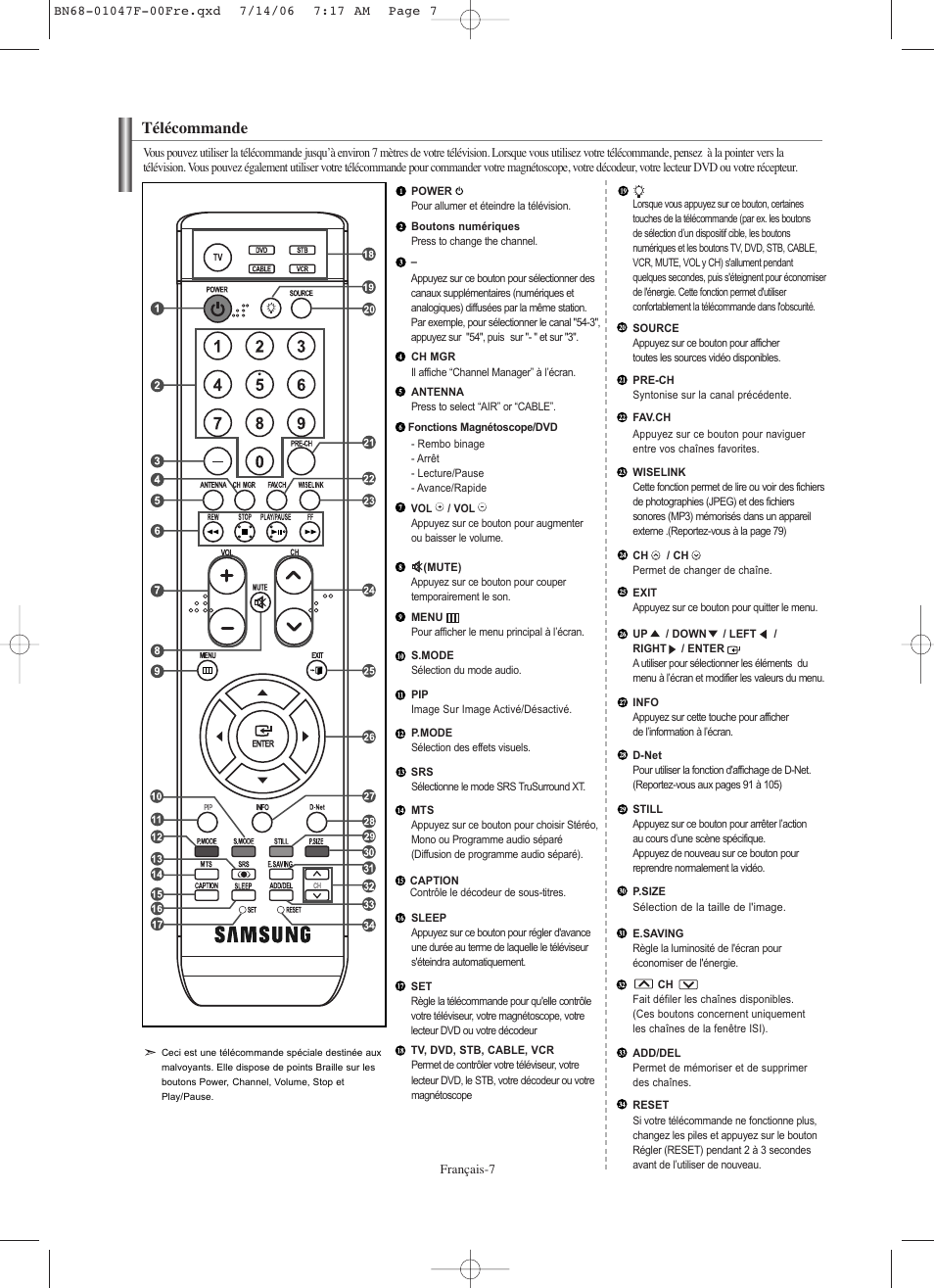 Télécommande | Samsung LNS4696DX-XAA User Manual | Page 135 / 380