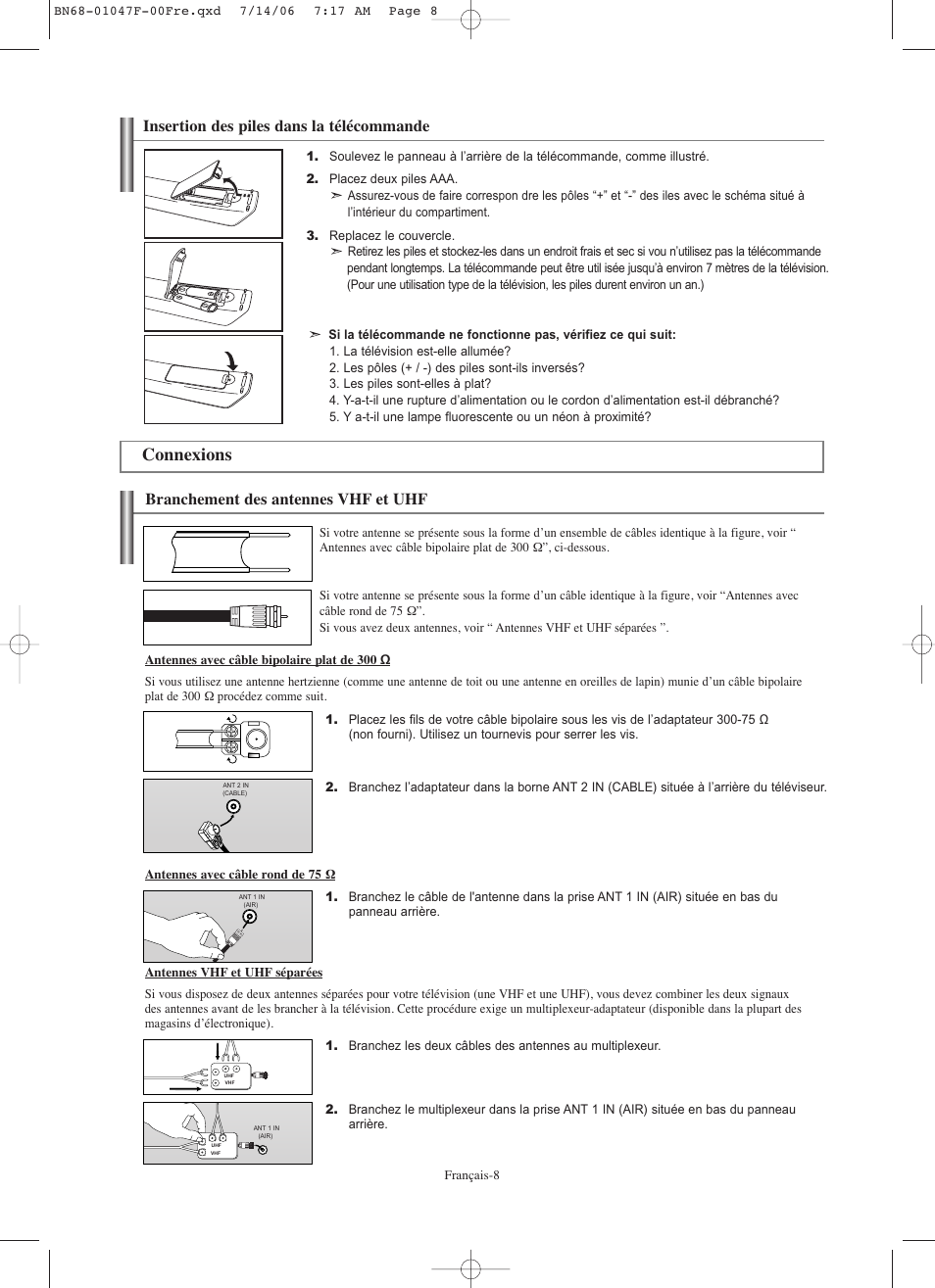 Connexions, Branchement des antennes vhf et uhf, Insertion des piles dans la télécommande | Samsung LNS4696DX-XAA User Manual | Page 136 / 380