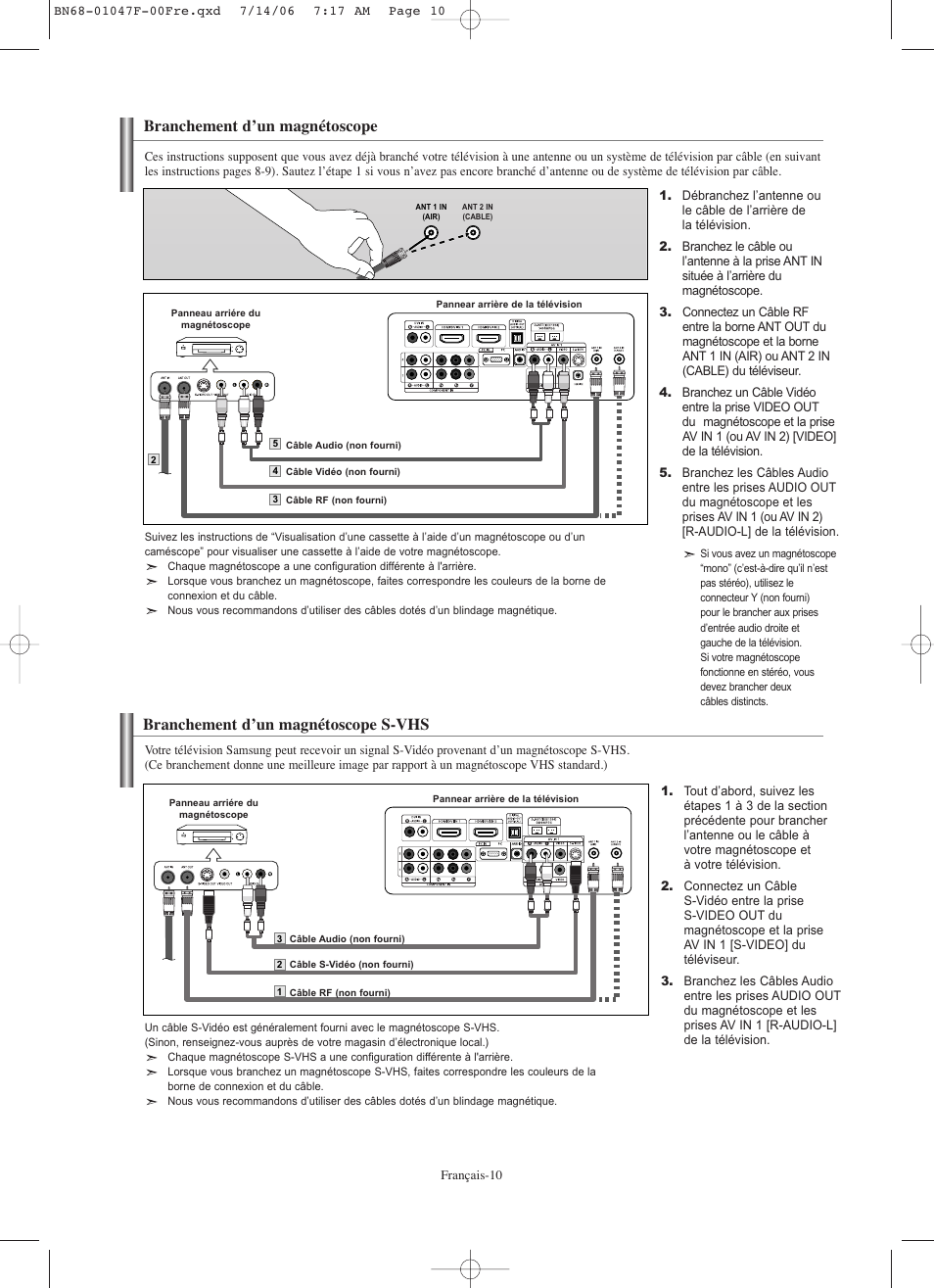 Branchement d’un magnétoscope, Branchement d’un magnétoscope s-vhs | Samsung LNS4696DX-XAA User Manual | Page 138 / 380