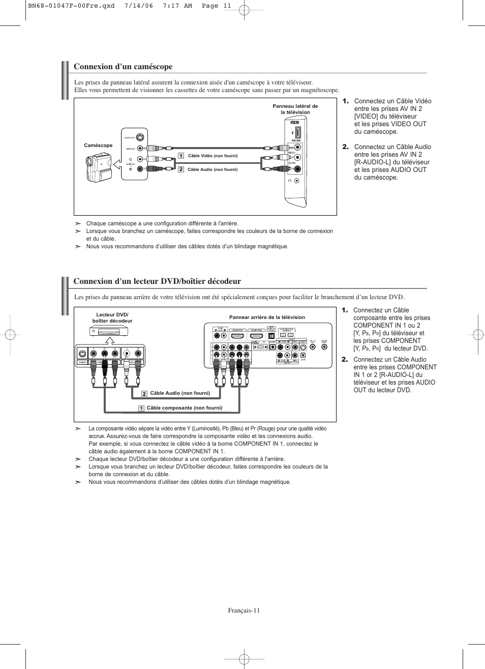 Connexion d'un caméscope, Connexion d'un lecteur dvd/boîtier décodeur | Samsung LNS4696DX-XAA User Manual | Page 139 / 380