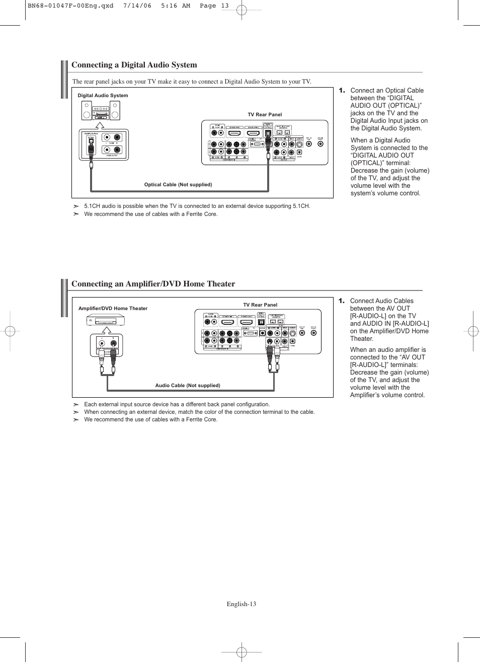 Connecting a digital audio system, Connecting an amplifier/dvd home theater | Samsung LNS4696DX-XAA User Manual | Page 15 / 380