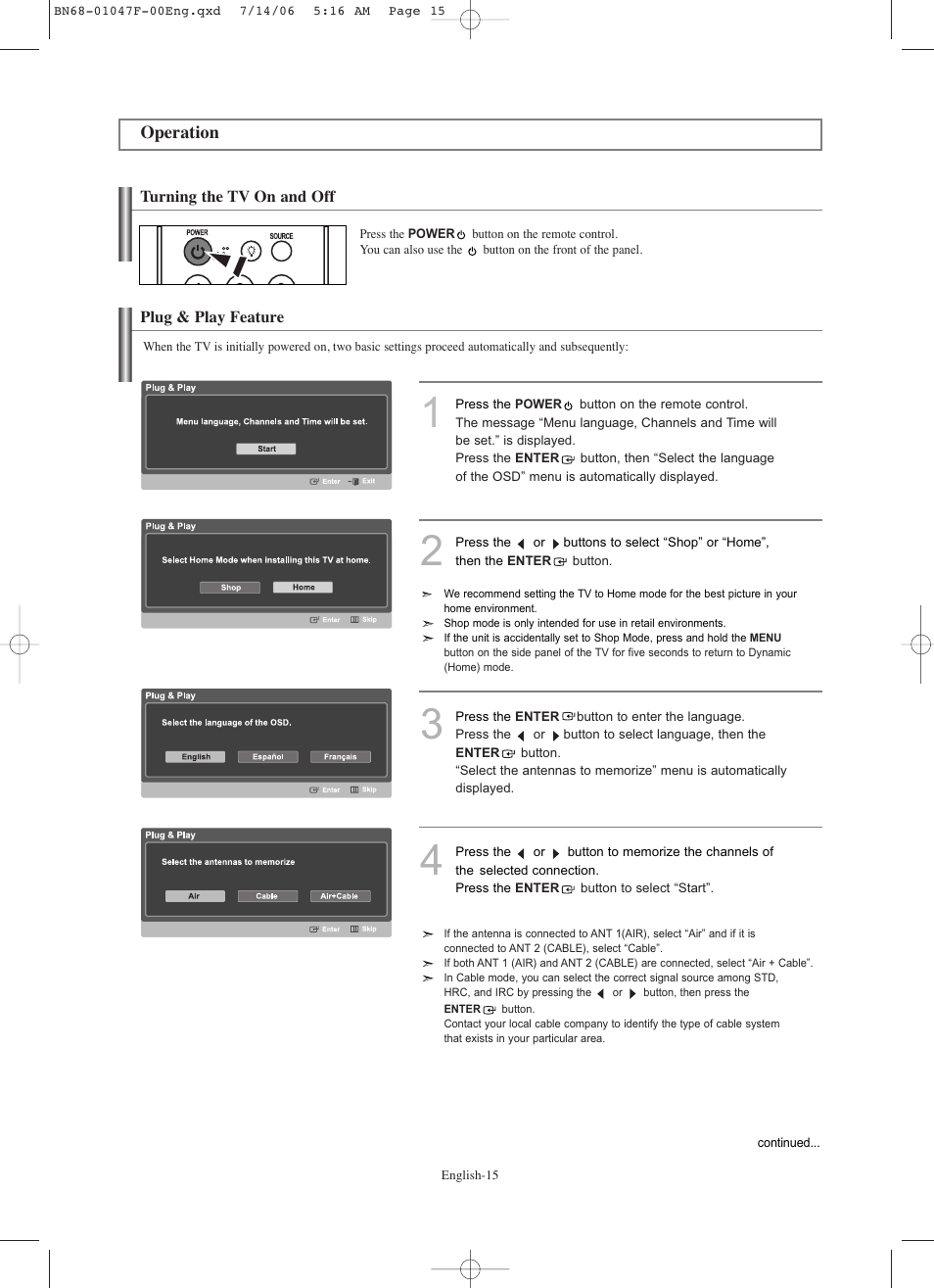 Operation, Turning the tv on and off, Plug & play feature | Samsung LNS4696DX-XAA User Manual | Page 17 / 380