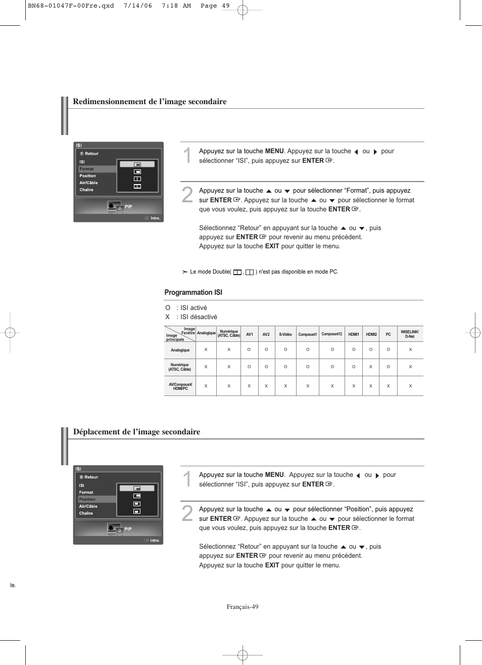 Déplacement de l’image secondaire, Redimensionnement de l’image secondaire | Samsung LNS4696DX-XAA User Manual | Page 177 / 380