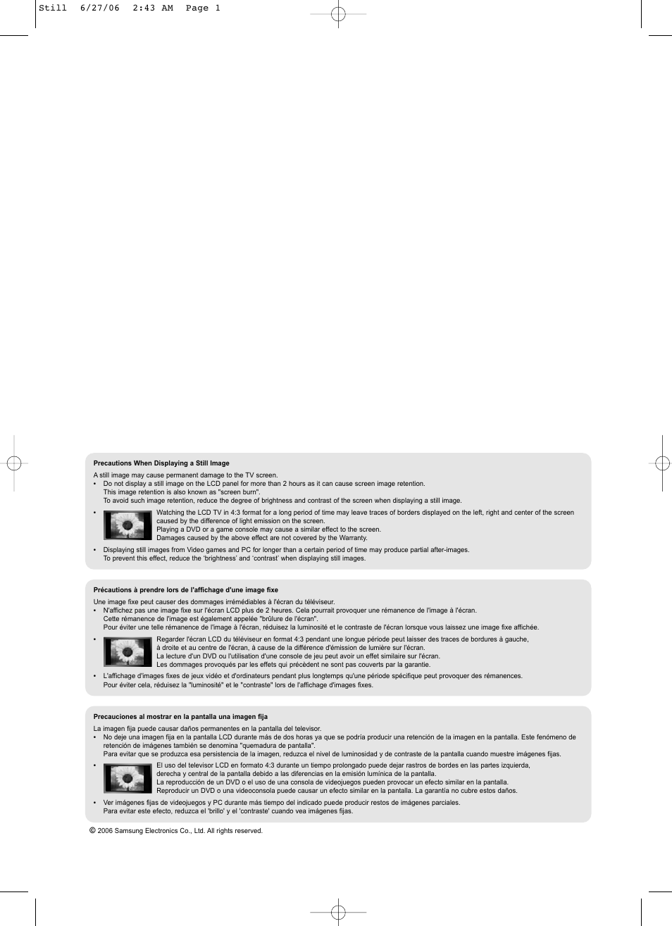 Precautions when displaying a still image | Samsung LNS4696DX-XAA User Manual | Page 2 / 380