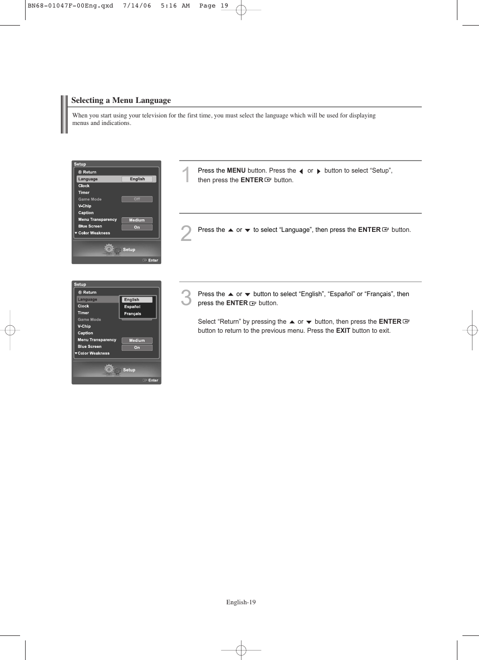 Selecting a menu language | Samsung LNS4696DX-XAA User Manual | Page 21 / 380