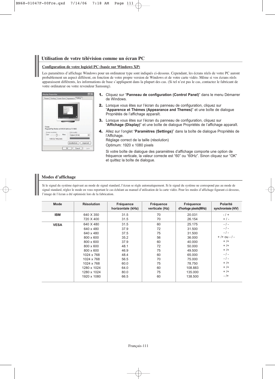 Utilisation de votre télévision comme un écran pc | Samsung LNS4696DX-XAA User Manual | Page 239 / 380