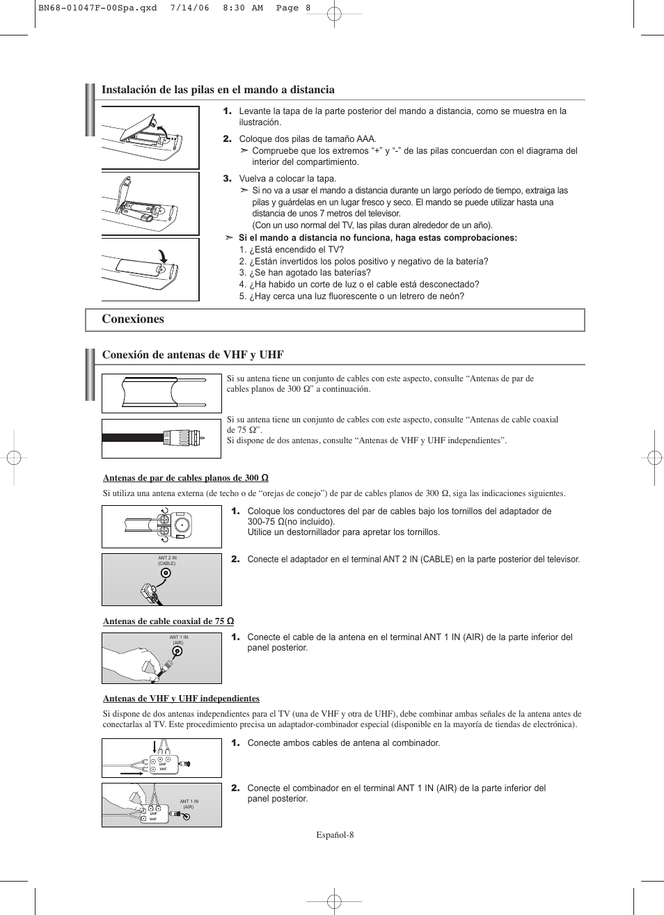 Conexiones, Conexión de antenas de vhf y uhf, Instalación de las pilas en el mando a distancia | Samsung LNS4696DX-XAA User Manual | Page 262 / 380