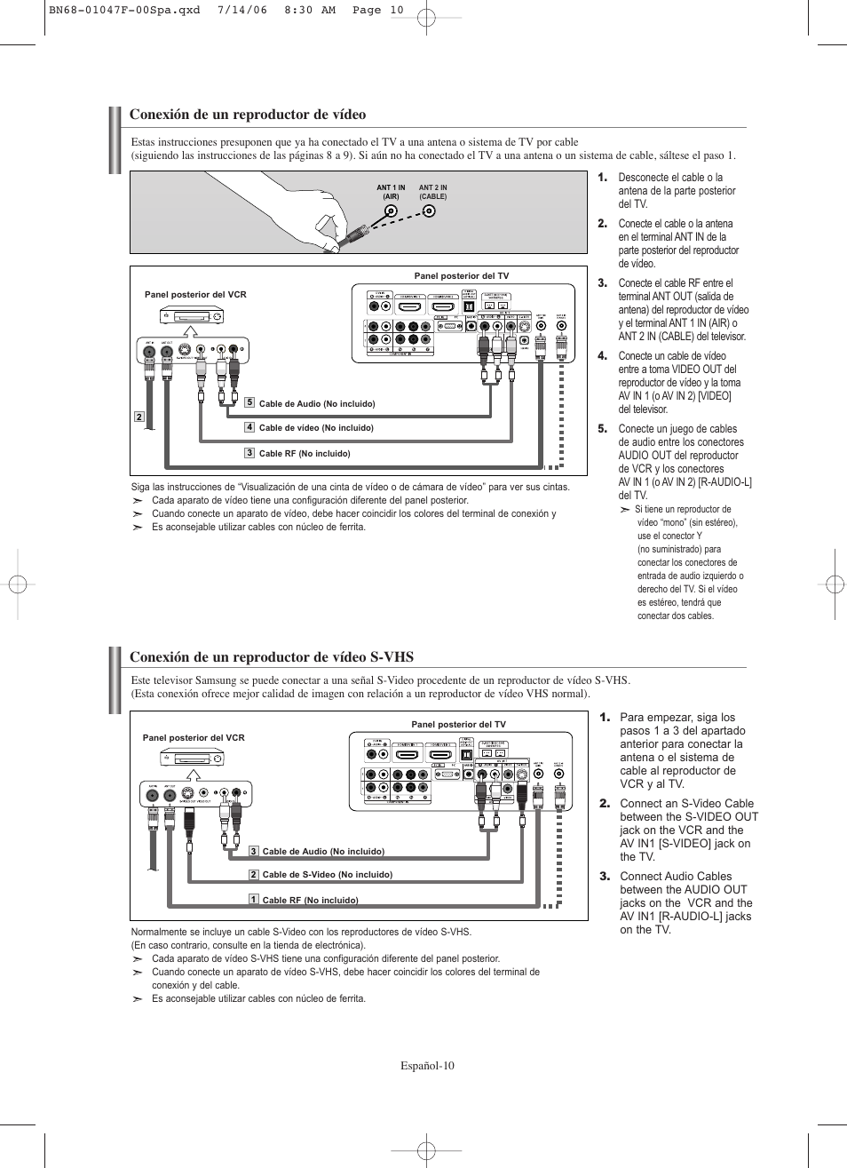 Conexión de un reproductor de vídeo, Conexión de un reproductor de vídeo s-vhs | Samsung LNS4696DX-XAA User Manual | Page 264 / 380