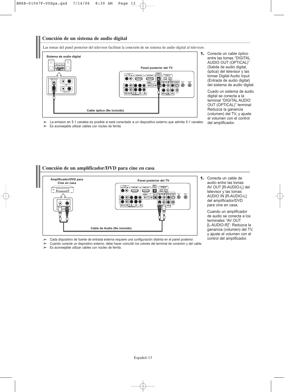 Conexión de un sistema de audio digital, Conexión de un amplificador/dvd para cine en casa | Samsung LNS4696DX-XAA User Manual | Page 267 / 380