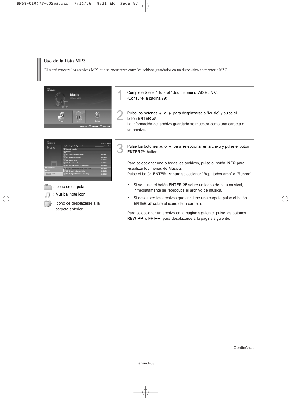 Uso de la lista mp3 | Samsung LNS4696DX-XAA User Manual | Page 341 / 380