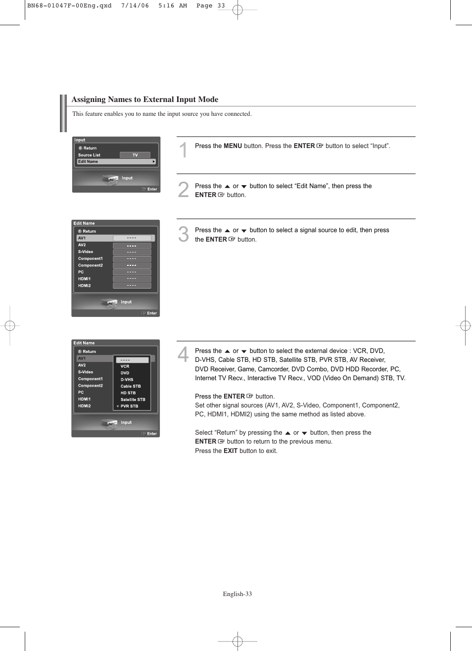 Assigning names to external input mode | Samsung LNS4696DX-XAA User Manual | Page 35 / 380