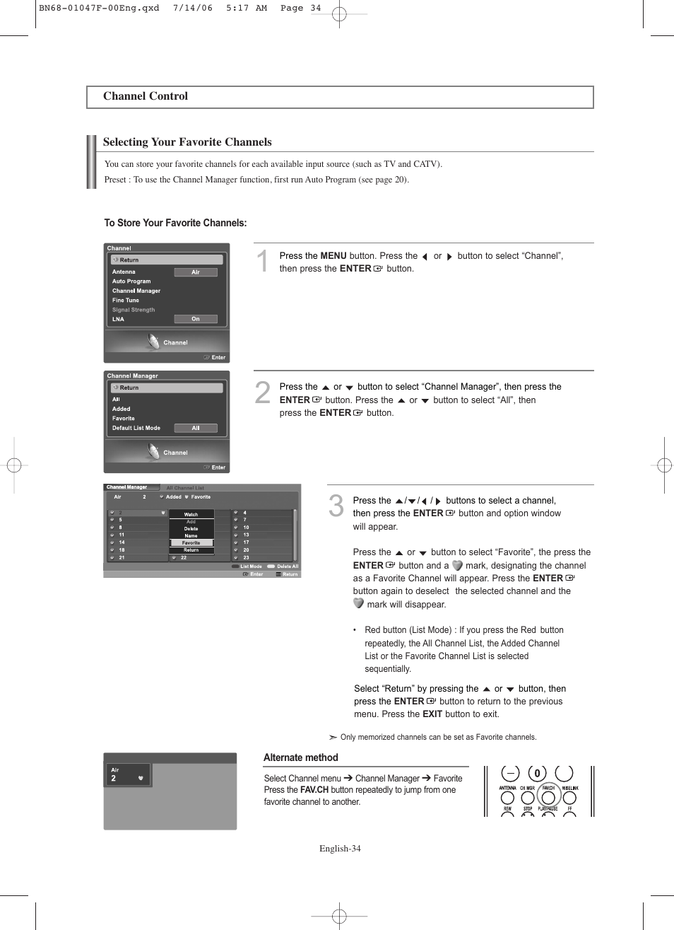 Channel control, Selecting your favorite channels | Samsung LNS4696DX-XAA User Manual | Page 36 / 380