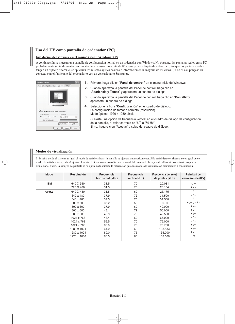 Uso del tv como pantalla de ordenador (pc) | Samsung LNS4696DX-XAA User Manual | Page 365 / 380