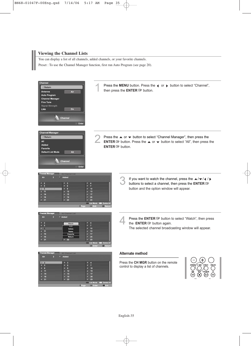 Viewing the channel lists | Samsung LNS4696DX-XAA User Manual | Page 37 / 380