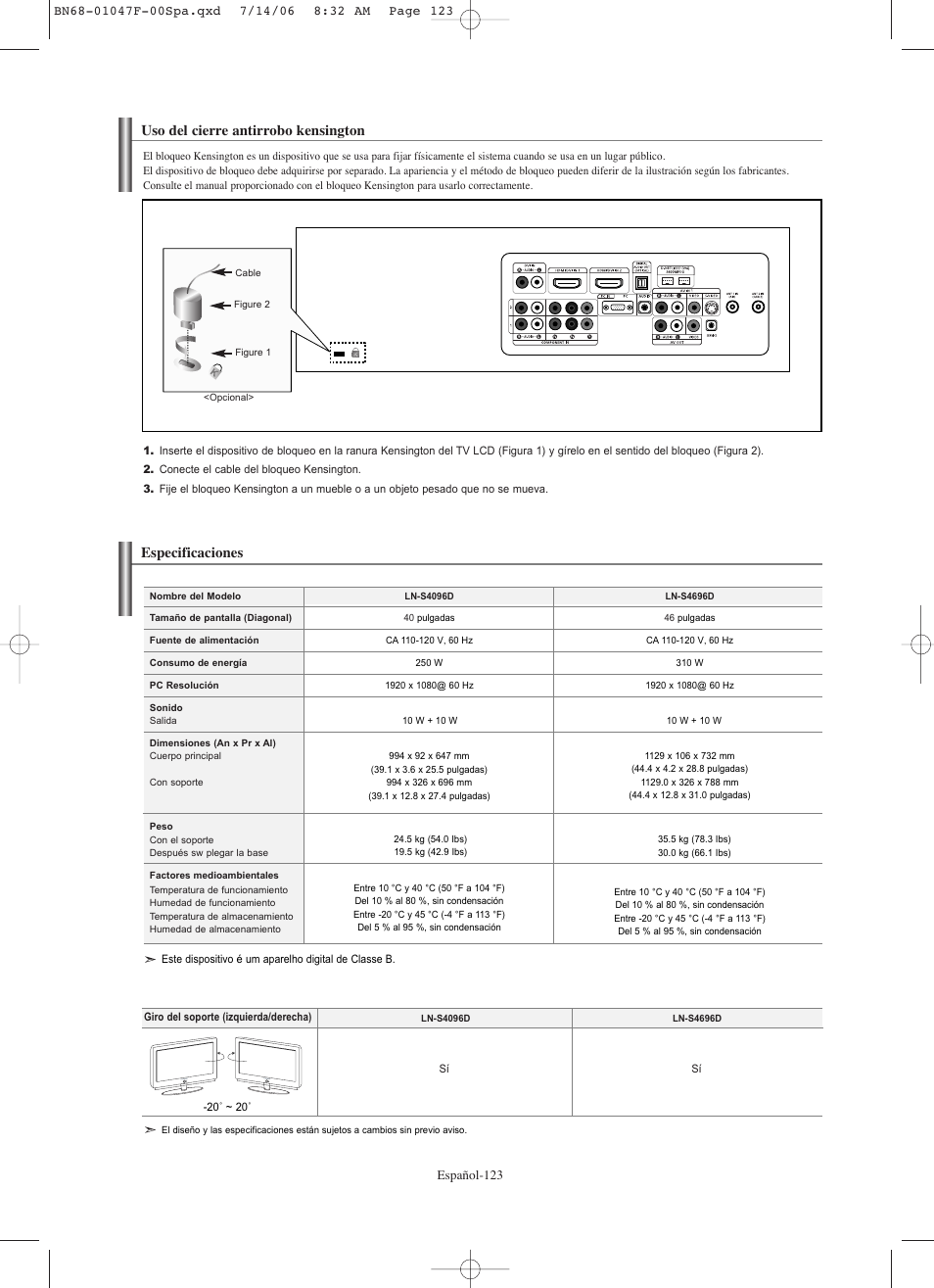 Uso del cierre antirrobo kensington, Especificaciones | Samsung LNS4696DX-XAA User Manual | Page 377 / 380