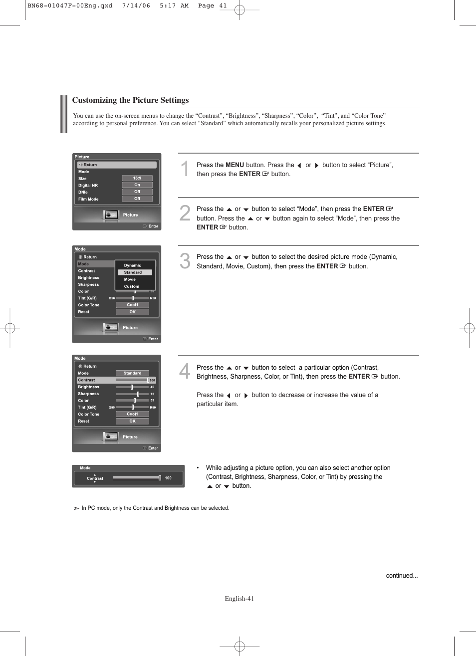 Customizing the picture settings | Samsung LNS4696DX-XAA User Manual | Page 43 / 380