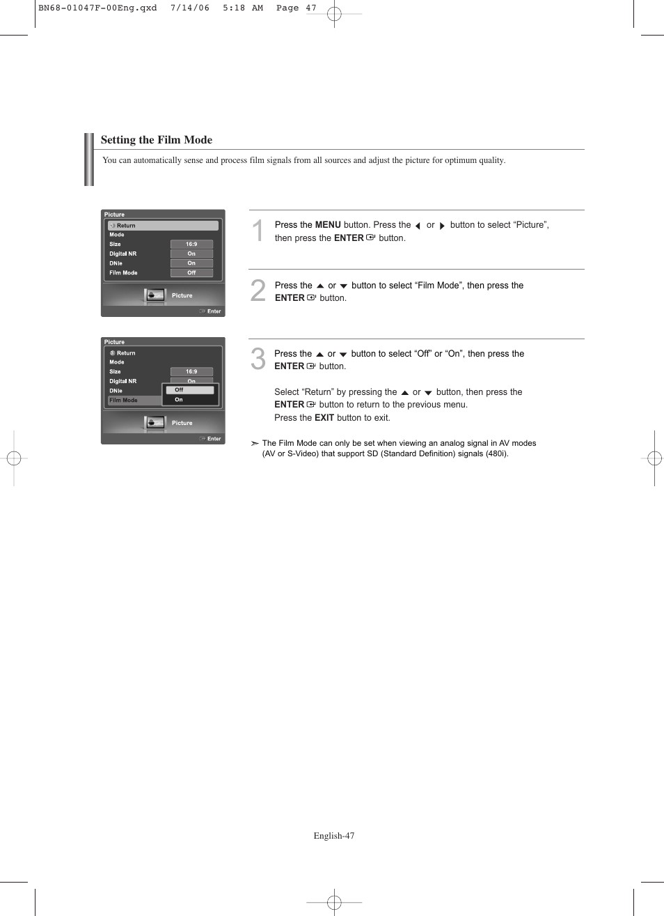 Setting the film mode | Samsung LNS4696DX-XAA User Manual | Page 49 / 380