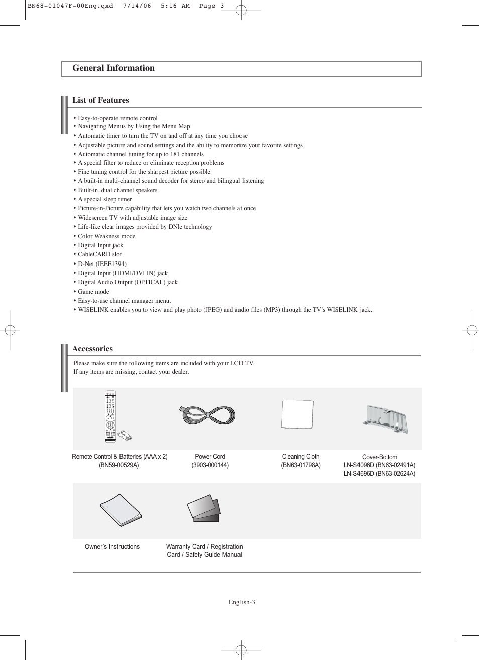 General information, List of features, Accessories | Samsung LNS4696DX-XAA User Manual | Page 5 / 380