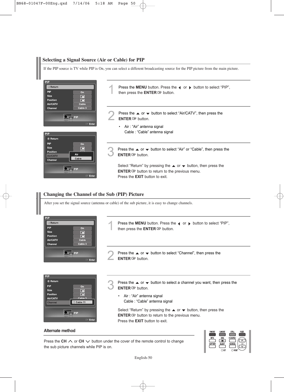 Selecting a signal source (air or cable) for pip, Changing the channel of the sub (pip) picture | Samsung LNS4696DX-XAA User Manual | Page 52 / 380