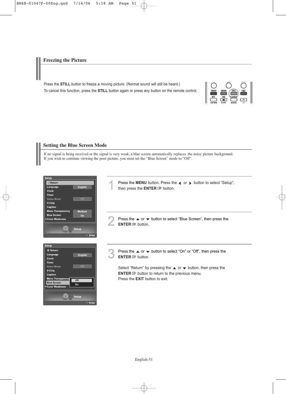 Freezing the picture, Setting the blue screen mode | Samsung LNS4696DX-XAA User Manual | Page 53 / 380