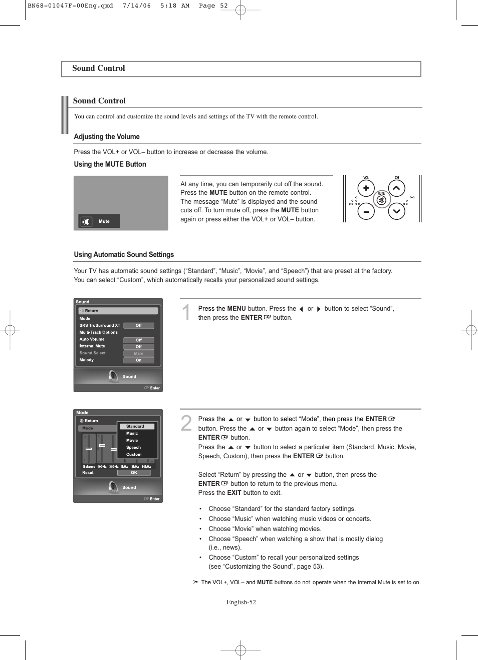 Sound control | Samsung LNS4696DX-XAA User Manual | Page 54 / 380