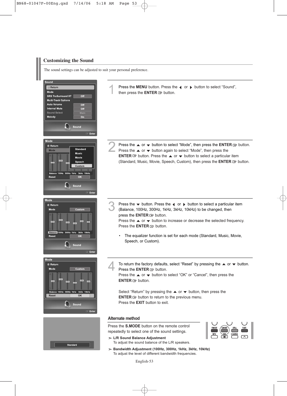 Customizing the sound | Samsung LNS4696DX-XAA User Manual | Page 55 / 380